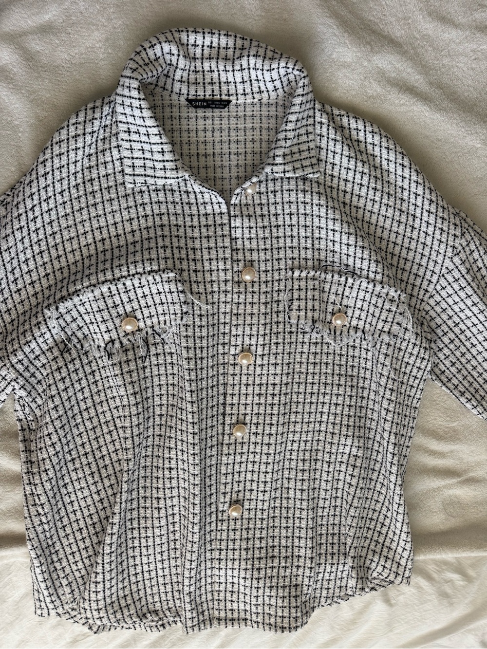 Women’s White and Black Check Button-Up Shirt